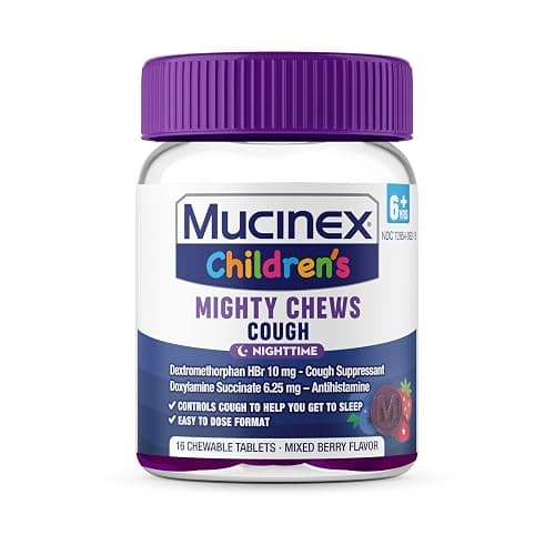 Mucinex Children's Mighty Chews Kids Cough Medicine Daytime And Nighttime Value Pack, Easy to Dose Cough Suppressant For Kids with Dextromethorphan, Mixed Berry Flavor, 32 Medicated Chewable Tablets thumbnail 13
