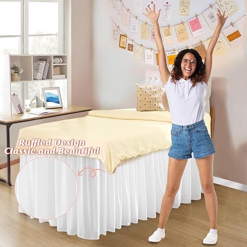 Dorm Bed Skirt for Twin-XL - 36" Drop College Dorm Room Bed Skirt, Pre-Shrunk Fabric Long Bed Skirt, Cute Ruffled Style Dorm Essentials for Students Girl Decoration & Hide The Clutter (White) thumbnail 6