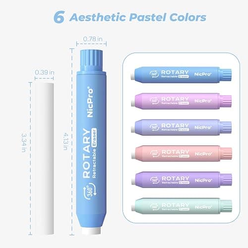 Nicpro 6 Pack Rotary Retractable Erasers, Soft TPE Rubber Twist Eraser | Large Pencil Erasers in Cute Macaron Colors, Clean-Erasing Eraser for Kids & Students, School Office Supplies Stationary Set thumbnail 2