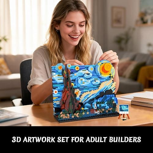 CUBIMANA The Starry Night Building Set with LED Lights - 1501PCS Artwork 3.6MM Mini Blocks Building Sets for Adults, Famous Paintings Architecture Projects Home Art Decor for Men Women thumbnail 4