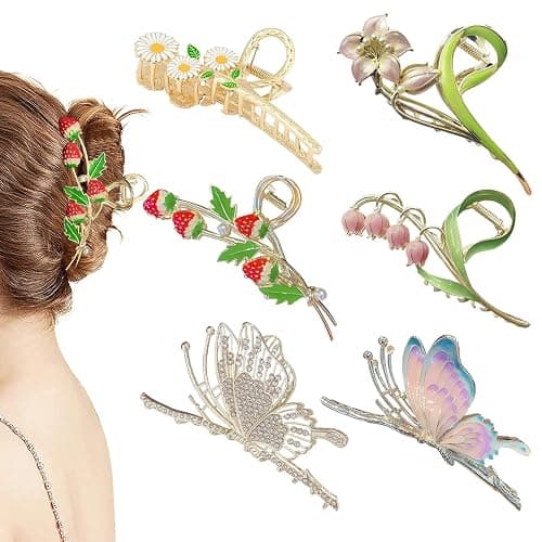 6 Pcs Hair Claw Clips for Women, Large Strong Metal Butterfly Hair Clips Flower Hair Clips for Women Thick Hair - Image 1