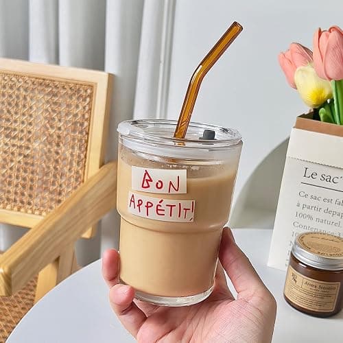 Olvini 13oz Glass Tumbler with Straw and Lid, Reusable Iced Coffee Cup Tumbler, Cute Glass Cups for Water, Matcha, Travel Coffee Mugs (Bon Appétit) thumbnail 4