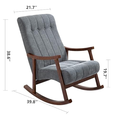 AVAWING Upholstered Rocking Chair with Fabric Padded Seat, Comfortable Rocker Solid Wood for Living Room, Modern High Back Armchair for Adult, Dark Grey thumbnail 3
