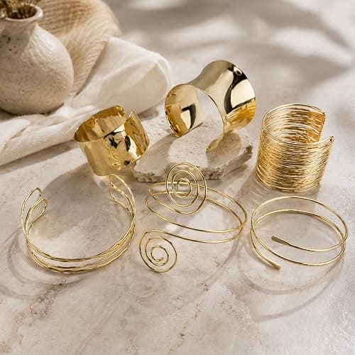 KICOSY 6PCS Gold Bangles Cuffs for Women, Boho Adjustbale Gold Accessories | Chunky Gold Bangles and Arm Cuffs for Prom, Beach, Costumes Party thumbnail 4