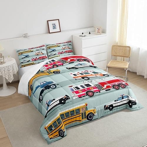 Erosebridal Fire Truck Comforter Set,Police Car Down Comforter Twin Size,School Bus Bedding Set for Kids Boys Teens Youth,Equipped Truck Cartoon Vehicle Quilt Duvet Insert Bedroom Dorm Decor 2 Pcs thumbnail 4