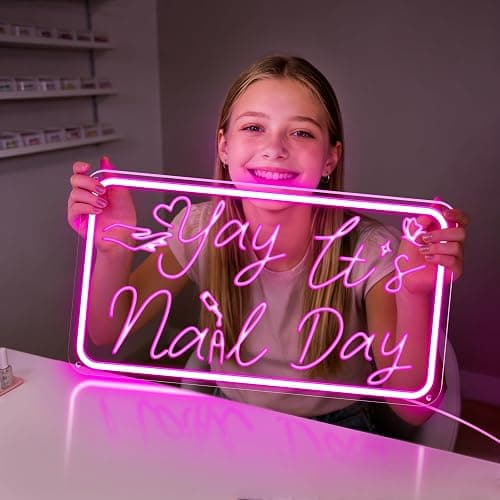 Yay It's Nail Day Neon Sign, Pink Neon Sign with 3D Carving Butterfly，Nails Neon Signs for Wall Decor, Bedroom - 3-Mode Dimmable USB Powered Salon Decor, Gifts for Nail Tech 16x8.8 Inches - Image 1