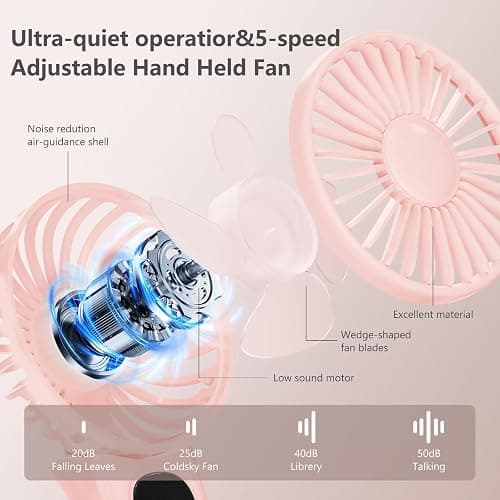 xigmer Portable Fan, 2-Pack Rechargeable Handheld Fans with 12H Battery, 5-Speed 180° Foldable USB Fan, Cooling Face Fan with Lanyard for Makeup & Travel, Camping, Hiking -Pink & Purple thumbnail 3