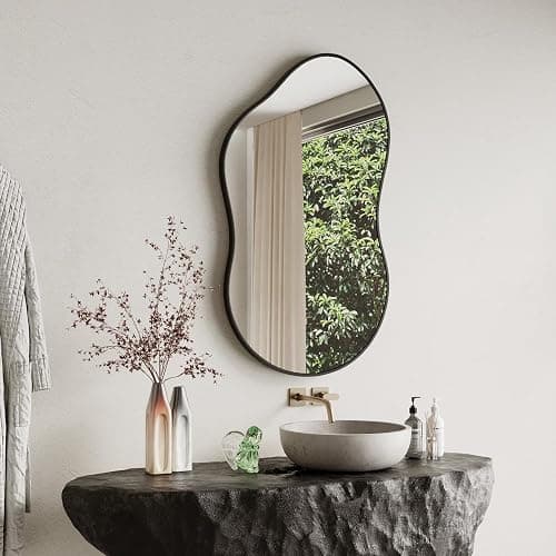 EVORALIS Irregular Wall Mirror - 26''×46'' Asymmetrical Decorative Tempered Glass Aluminum Alloy Framed Mirrors Cloud Mirror Wavy Mirrors for Bathroom, Bedroom, Living Room, Entryway（Black） thumbnail 5