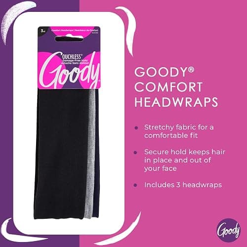 Goody Ouchless Comfort Head Wraps - 3 Ct, Black/Grey/Navy Blue, Soft & Stretchy Fabric Headbands for Women & Men, Secure Hold Yoga, Workout Headband, Versatile Hair Accessories for All-Day Wear thumbnail 2