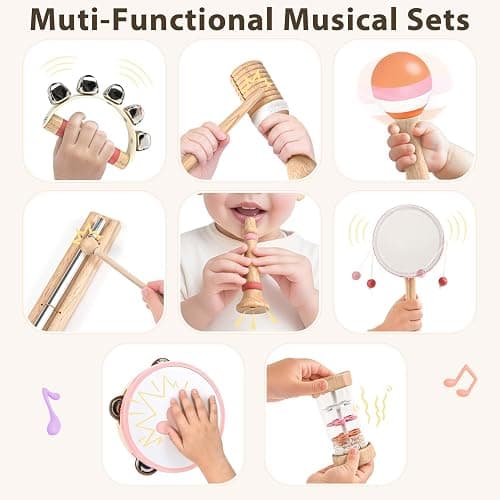 Musical Toys for 2 3 Year Old Girl Birthday Gifts, Wooden Montessori Toys for 2 Year Old, 8 in 1 Musical Instruments for Toddlers with Drum/Hand Bells/Flute/Maracas, Preschool Toys for Baby 18+ Months - 8 - Piece Pink Wooden Set thumbnail 7