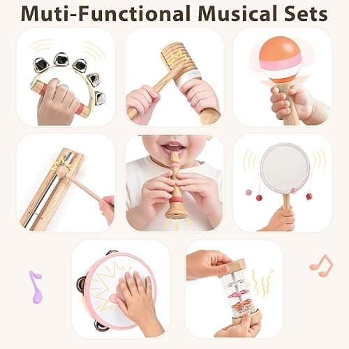 Musical Toys for 2 3 Year Old Girl Birthday Gifts, Wooden Montessori Toys for 2 Year Old, 8 in 1 Musical Instruments for Toddlers with Drum/Hand Bells/Flute/Maracas, Preschool Toys for Baby 18+ Months thumbnail 8