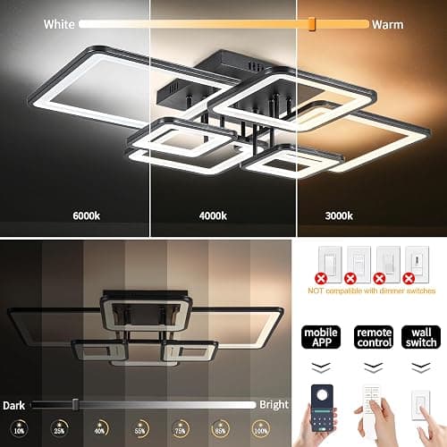Shine LUEST Modern LED Ceiling Light Fixture Black Kitchen Lighting Fixtures Ceiling for Bedroom 31.5" Dimmable 6 Ring Square Ceiling Light for Kitchen with Remote Control for Living Room,Dining Room thumbnail 5