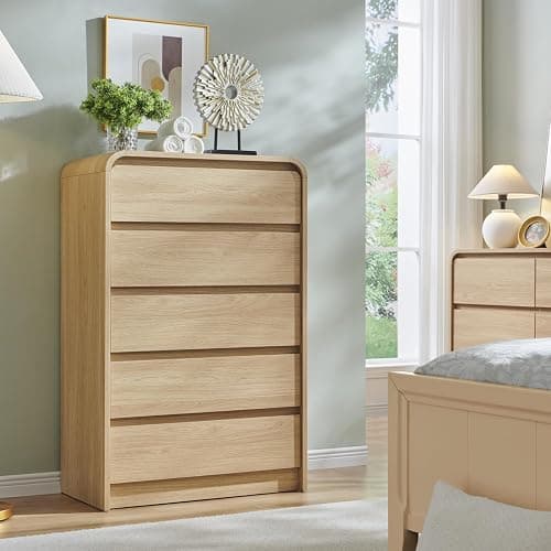 Aitjunz Modern 5 Drawers Dresser for Bedroom, 45" Tall Dresser, Natural Oak | Wooden Dressers & Chests of Drawers w/Curved Profile Design, Mid Century Vertical Dresser with Handleless Design for Bedroom thumbnail 3