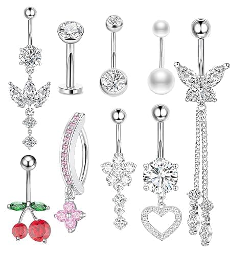 TIANCI FBYJS Belly Button Ring Dangle Surgical Stainless Steel Clicker Belly Rings 14G Floating Belly Piercing Cute Cherry Butterfly Heart Navel Ring Belly Button Piercing Jewelry Barbell for Women - Image 1