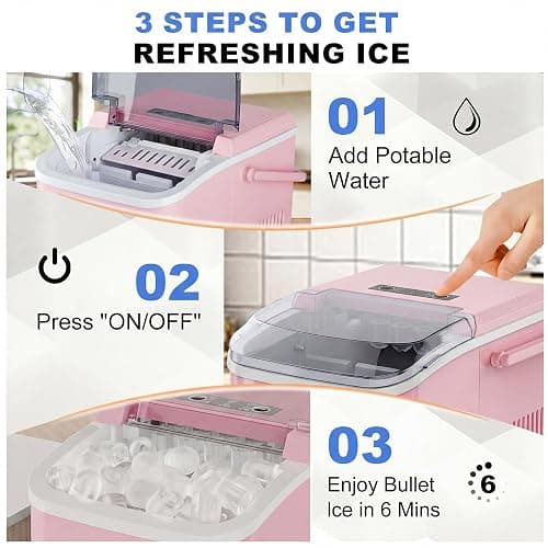 NEWBULIG Ice Makers Countertop with Handle, Portable Ice Machine, 9 Bullet Ice Cubes in 6 Mins, 26lbs in 24Hrs, Auto-Cleaning, with Basket and Scoop, for Home, Kitchen, RV, Camping,Pink thumbnail 6