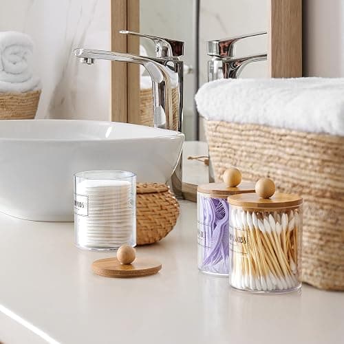 VITEVER 3 Pack Qtip Holder Dispenser with Bamboo Lids - 10 oz Clear Plastic Apothecary Jar Containers for Vanity Makeup Organizer Storage - Bathroom Accessories Set for Cotton Swab, Ball, Pads, Floss thumbnail 2
