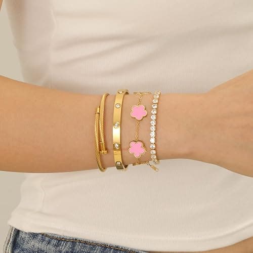 Gold Bracelets for Women, 18K Gold Plated Women Tennis Bracelets Clover Nail Love Bangle Bracelet Set, Gold Bracelet Stackable Set Trendy Jewelry, Gifts for Women's Day and Mother's Day thumbnail 3
