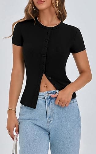 PRETTYGARDEN Women's Short Sleeve Summer Tops 2025 Trendy Ribbed Knit Button Up Tight Basic Tees Shirts Going Out Y2K Clothes thumbnail 8