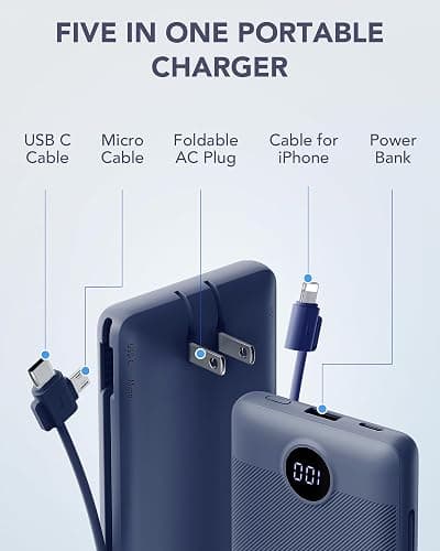 VRURC Portable Charger Built-in Cables and AC Wall Plug, USB C Power Bank 10000mAh, Travel Battery Portable Phone Charger Compact Lightweight External Battery Pack for Smart Phones, Tablets etc-Navy thumbnail 2