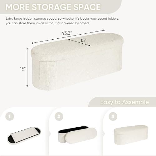 B FSOBEIIALEO Ottoman with Storage for Living Room, Sherpa Folding Storage Ottoman Foot Rest, 43.3 Inches Collapsible Bedroom Bench White Cream thumbnail 3