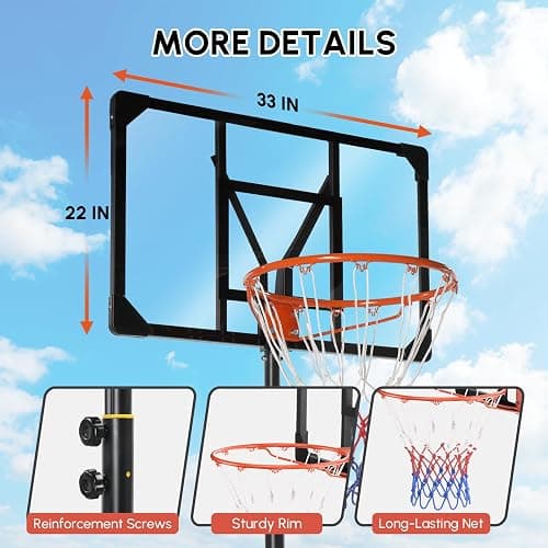 PEXMOR 5.05-8.53FT Portable Basketball Hoop, Adjustable to Any Height Easily, 33" Backboard for Teenagers, with Fillable Base & Wheels, Basketball Goal for Outdoor, Indoor, Backyard, Driveway thumbnail 7