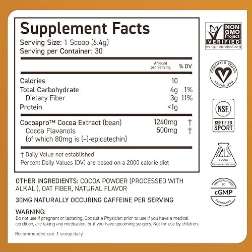CocoaVia Cardio Health Cocoa Powder, 30 Servings, 500mg Cocoa Flavanols, Support Heart Health, Boost Nitric Oxide, Improve Circulation, Energy, Preworkout, Vegan, Dark Chocolate Cacao - 6.8 Ounce (Pack of 1) thumbnail 9