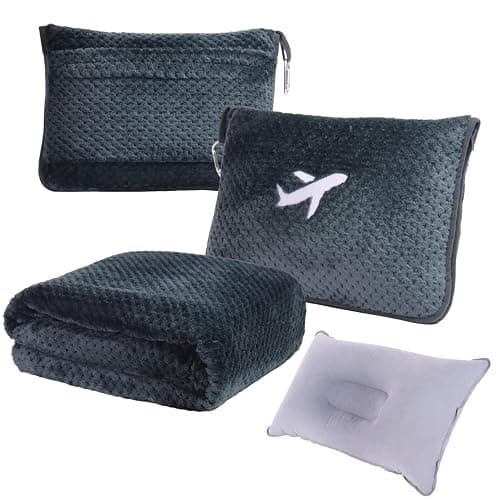 Nenolix 3 in 1 Travel Blanket Pillow Set - 350 GSM Thick Travel Blanket Airplane Compact with Bag, Soft Bag with a Pocket, Inflatable Travel Pillow for Camping & Car Trip (Dark Grey) - Image 1