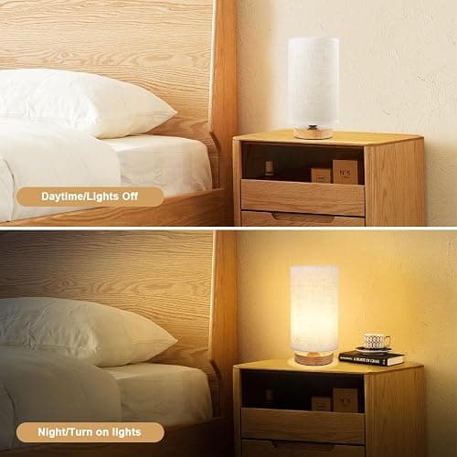 Small Bedside Table Lamp for Bedroom, Minimalist Wood Base & Round Fabric Shade, Mini Cute Cozy Warm White Nightstand Boho Lamp, Study Desk Night Stand Light for Room, Dorm, Nursery, Living Room thumbnail 5