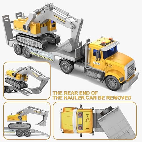 DOWELLIN Transports Trucks Kids Toys, 22" Large Semi Truck Toy Carrier and Excavator Truck with Sound&Light,Friction Powered Cars Toys Birthday for Childs-Yellow thumbnail 6