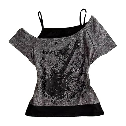 Y2k Baby Tee Women Crop Top Summer 2025 Streetwear 2000s Goth Emo Grunge Shirts Fake 2 Piece Grahpic Tees - Image 1