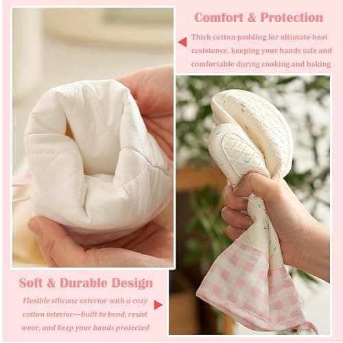 Wanheart Heat Resistant Silicone Oven Mitts, Pink Cooking Gloves, 2 Pack | Heat Resistant, Non Slip Grip, Cute Pink Design, Easy Clean, Cotton Lined thumbnail 5