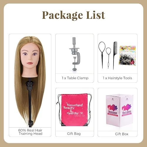 71cm hairdressing Head, 60% Real Human Hair Cosmetology Mannequin Head Manikin Doll Head with Table Clamp + DIY Hair Styling Tools Set (Gold) thumbnail 8