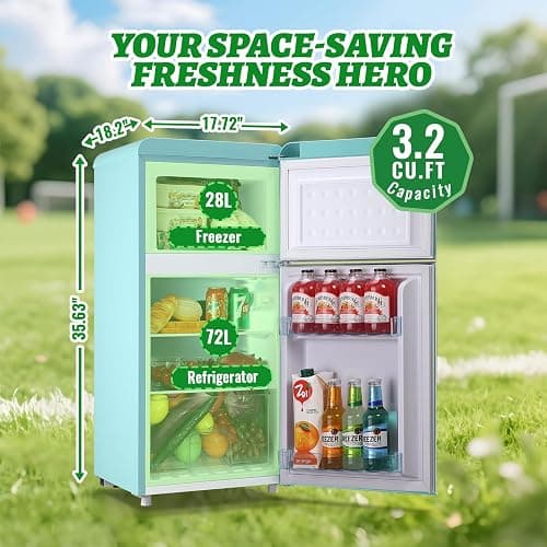 DEMULLER Small Refrigerator with Top Freezer 100Liter Retro Mini Fridge with Adjustable Glass Shelving, 7 Temperature Control and LED Lighting, Retro Mint Blue thumbnail 3