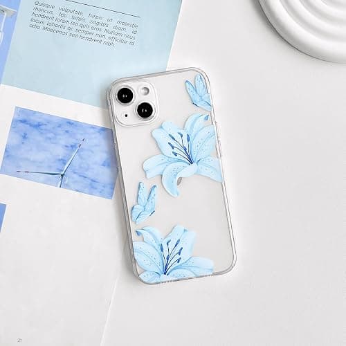 NITITOP Compatible with iPhone 13 Mini Case Clear Cute Butterfly Lily Flower Floral Pattern for Women Girls Full Camera Lens Clear Slim Shockproof Protective Phone Cover - Blue thumbnail 2