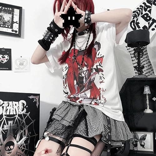 RILGOU Kawaii Goth Fashion Harajuku Y2K Casual Style Soft Crewneck Cute Cartoon Print Red Hair Guitar Girl T-Shirt thumbnail 4