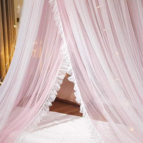 VETHIN Bed Canopy Princess for Girls,Bed Canopy Curtain Double Layer Sheer Mesh Dome Bed Curtain- Round Lace Princess Mosquito Net Tent for Twin Full Queen King Bed(Pink/White) thumbnail 4