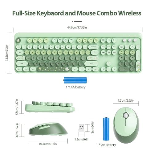 Fogruaden Green Keyboard and Mouse Wireless, Retro Typewriter Keyboard, 2.4GHz 104 Keys Full Size Cute Keyboard with Number Pad, Gradient Colorful Keyboard with Round Keycaps for Windows PC Laptop thumbnail 3