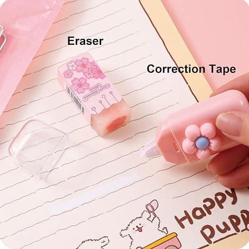 MOZXIRZ 7 Pcs Cute Pink Stationery Set Kawaii School Supplies Office Supplies Including Ballpoint Pens Pencil Sharpener Highlighter Correction Tape Ruler Utility Knife (Pink) - Pink thumbnail 3