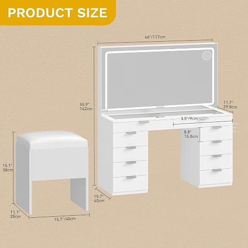DWVO Vanity Desk Set with Mirror & Power Outlets, Vanity Table with 3 Dimmable Light Colors, 10 Drawers, Hair Dryer Rack – Modern Makeup Table with Hidden Storage Stool thumbnail 2