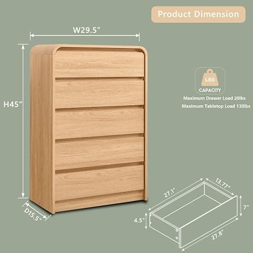 Aitjunz Modern 5 Drawers Dresser for Bedroom, 45" Tall Dresser, Natural Oak | Wooden Dressers & Chests of Drawers w/Curved Profile Design, Mid Century Vertical Dresser with Handleless Design for Bedroom thumbnail 2