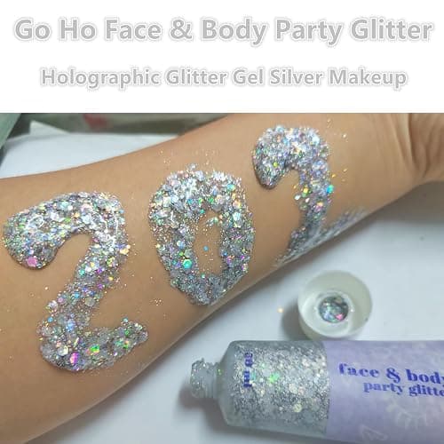 Go Ho Silver Face Body Glitter Gel,Singer Concerts Silver Face Paint Makeup,Holographic Chunky Glitters for Hair/Lip/Nails on Party Halloween Makeup,Festival Rave Accessories,52g thumbnail 3