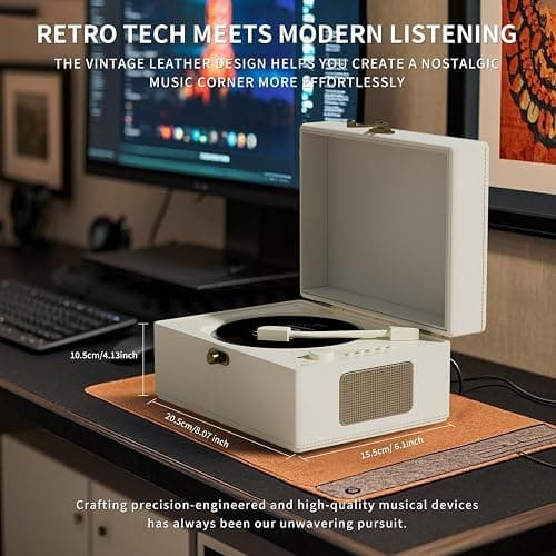 Yintiny Rechargeable Leather CD Player with Speakers, Bluetooth Transmitter, Festival Gift, BGM Player for Home Decor., white thumbnail 3
