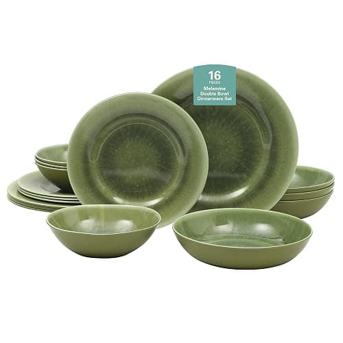 Gibson Home Casper Court 16-Piece Melamine Dinnerware Set – Green Reactive Glaze Look Plates and Bowls, Service for 4 – Top Rack Dishwasher Safe Everyday Dining Set - Image 1
