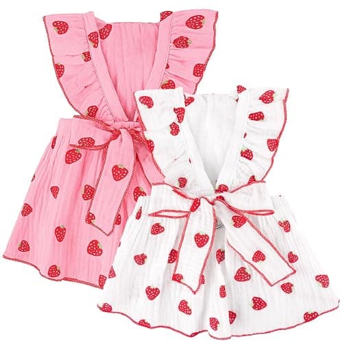 BAOBICUTE 2 Pack Dog Dress Clothes for Small Dogs Girl with Leash Ring & Bow cat Dog Outfit Strawberry Printed Pet Cat Apparel Sweet Ruffled Chihuahua Yorkie Puppy Clothes - Image 1