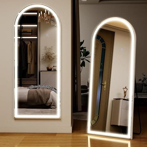 Koonmi 165x60 cm Arched LED Full Length Mirror with Lights, Light-adjustable Full Body Mirror with Stand Equipped with Touch Buttons, White thumbnail 4
