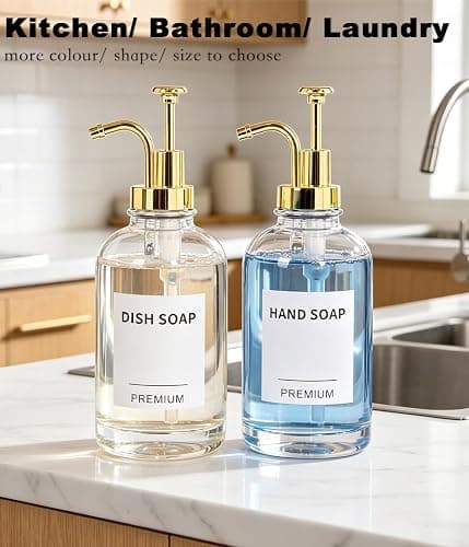 Dish Soap Dispenser for Kitchen, Hand Glass Soap Dispenser Set with Pump, Tray, Funnel for Bathroom, Shower, Laundry, Liquid, Lotion (Gold 2 Pack 18 Oz Clear Bottles with 12 Stickers) thumbnail 4