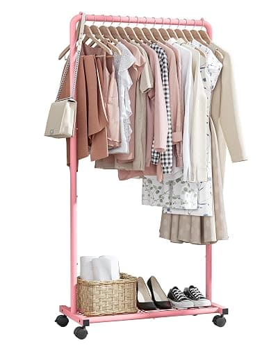 Sakugi Clothes Rack - Clothing Rack with Storage Mesh Shelf & Casters, Heavy-Duty Metal Clothing Rack for Hanging Clothes, Dresses, Coats, Large Load Capacity, Easy Assembly, Pink, 28.0"x16.9"x59.0" - Image 1