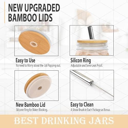 MEM WORLDSHOP Wide Mouth Mason Jars 32 oz - (2 Pack) - Wide Mouth 32-Ounces Quart Mason Jars with Reusable M.E.M Bamboo Lids & Stainless Steel Straws - For Smoothies, Milk Shakes, Iced Coffee, Tea thumbnail 4