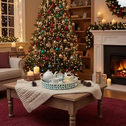 PEMAR 12.6” Mother of Pearl Round Serving Tray with Handles, Decorative Nacred Wooden Ottoman Coffee Table Tray (Teal Floral Pattern) thumbnail 5