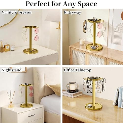 LSK 360° Rotating Sunglass Organizer, Glasses Stand with Storage Tray, Gold Stainless Steel Glasses Holder with Non-Slip Pad for Dresser, Nightstand & Home Decor, Storing Up to 9-16 Pairs Glasses thumbnail 7